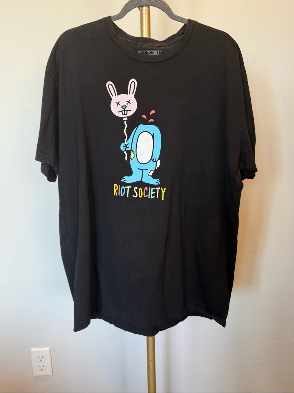 Riot Society Graphic Tee Black Bunny Balloon Streetwear T-Shirt XXL Oversized - Picture 6 of 7